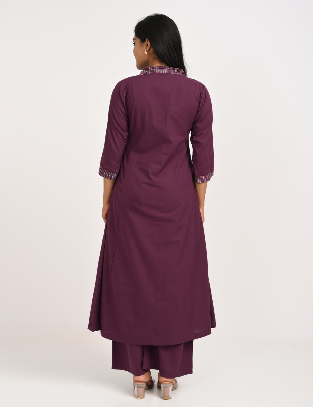 Plum Embroidered Cotton Kurta Palazzo Set for Women