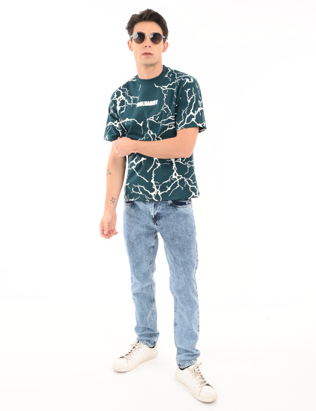 Dark Teal All Over Graphic Oversized Cotton T-Shirt for Men