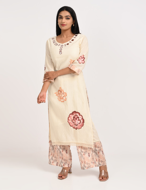 Off White Floral Printed Cotton Kurta Sharara Set for Women