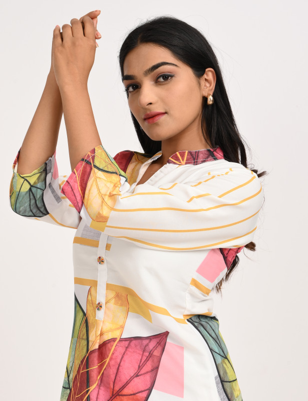 White Abstract Leaf Printed Cotton Co-Ord Set for Women