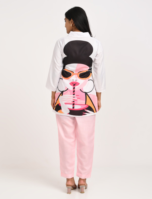 White Graphic Print Cotton Co-Ord Set for Women