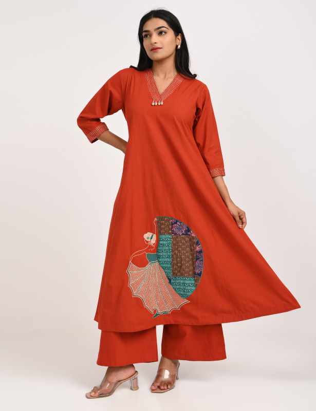 Rust Orange Cotton Kurta Palazzo Set for Women