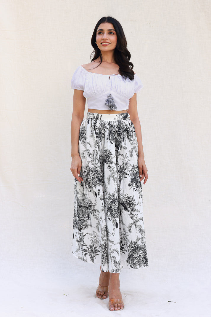 White Toile Print Crop Top and Palazzo Co-Ord Set for Women