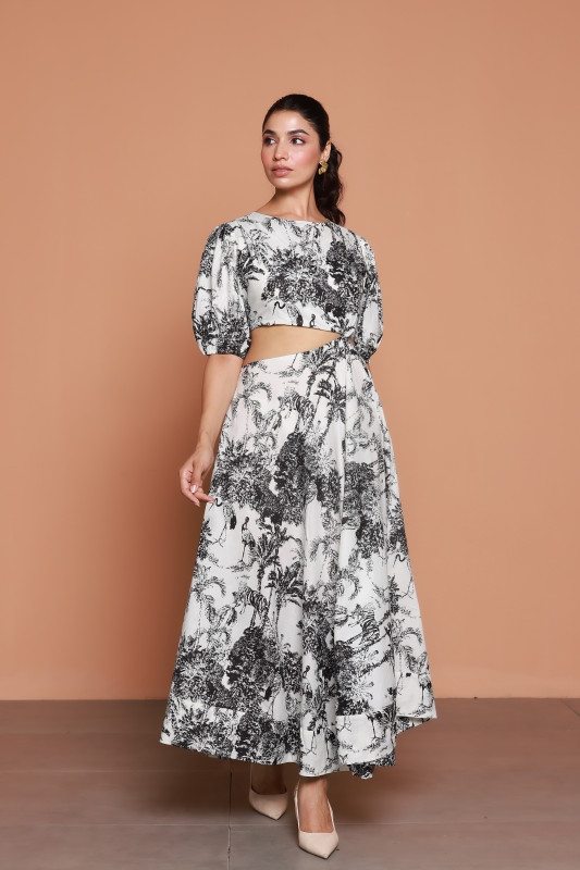 Black and White Tropical Print Cut Out Maxi Dress for Women