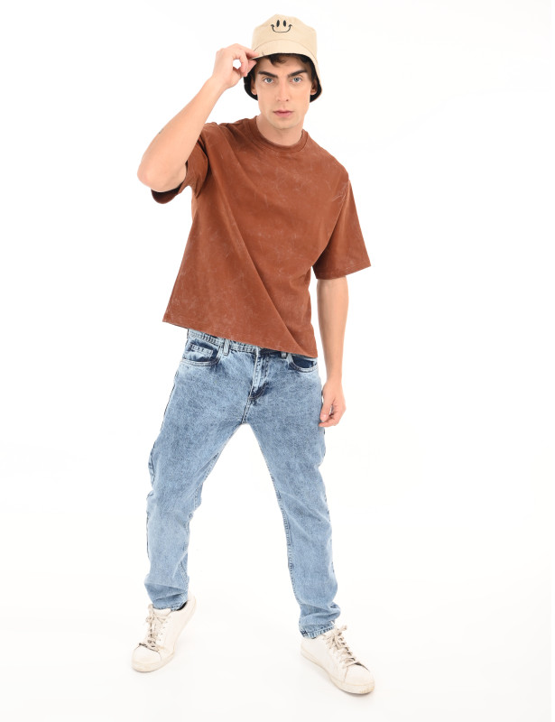Brown Washed Oversized Cotton Graphic T-Shirt for Men