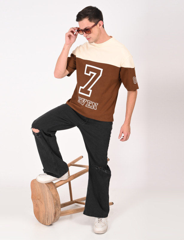 Men's Street Tide 7 Color Block Oversized T-Shirt in Cream & Brown Cotton
