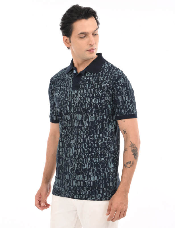 Navy Blue Crocodile Print Cotton Polo T-Shirt for Men