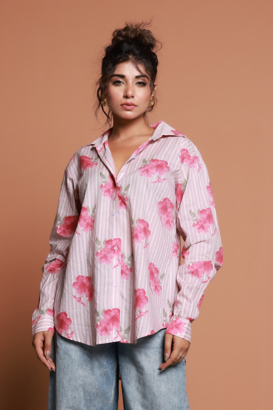 Pink Floral Striped Cotton Oversized Shirt for Women