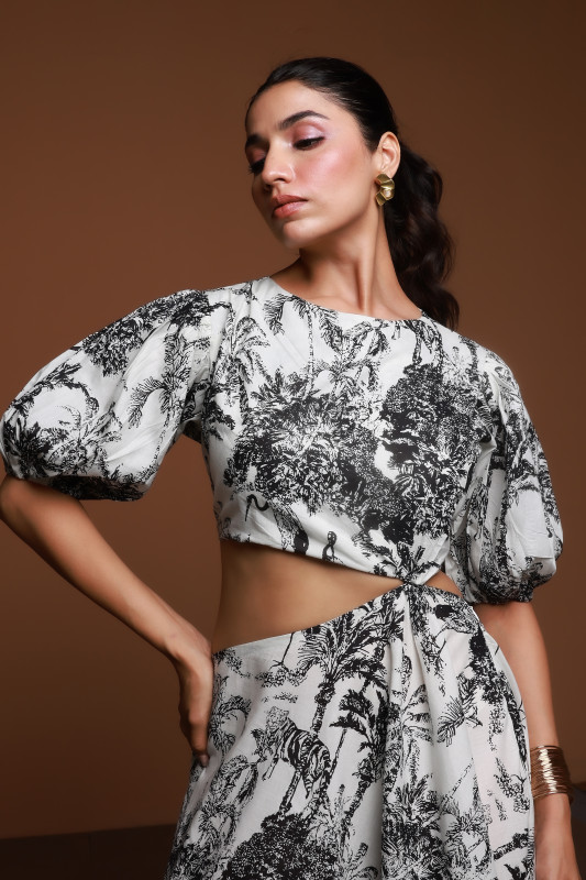 Black and White Tropical Print Cut Out Maxi Dress for Women