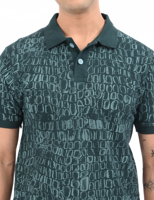 Dark Green Crocodile Texture Printed Cotton Polo T-Shirt for Men