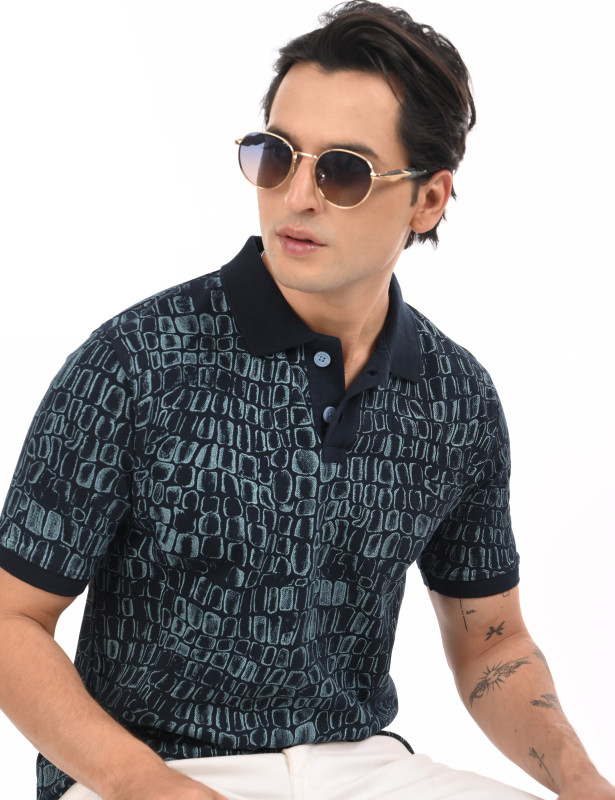 Navy Blue Crocodile Print Cotton Polo T-Shirt for Men