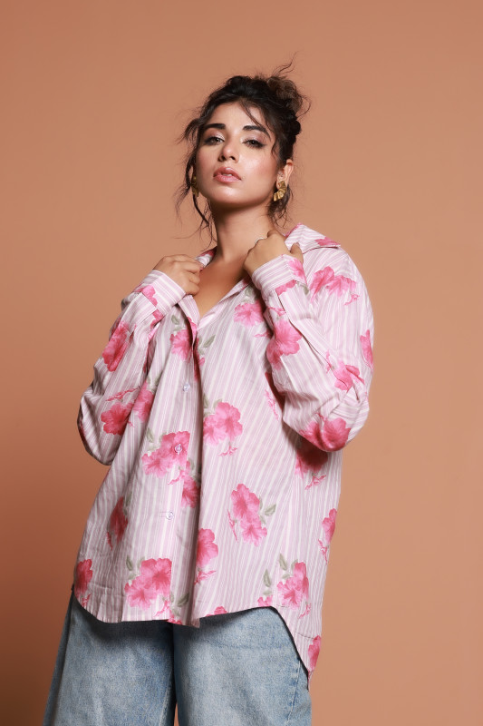 Pink Floral Striped Cotton Oversized Shirt for Women