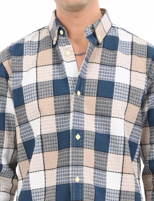 Beige Blue Checked Seersucker Cotton Shirt for Men
