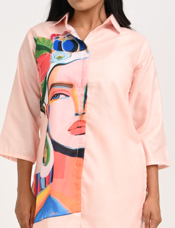 Peach Abstract Face Print Cotton Co-Ord Set for Women