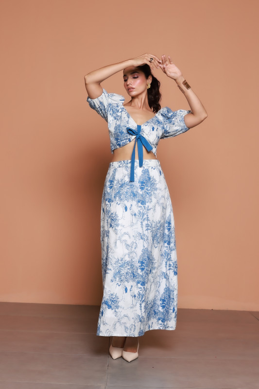Blue and White Tropical Print Tie Front Co Ord Set for Women