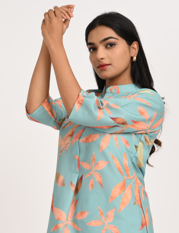 Sky Blue Leaf Printed Cotton Co-Ord Set for Women