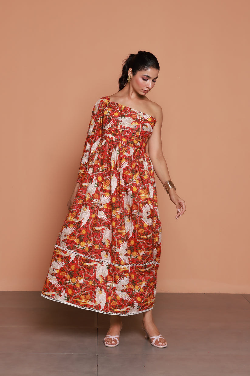 Red One Shoulder Tropical Print Maxi Dress for Women