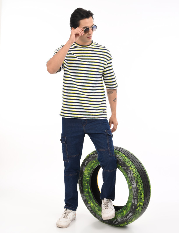 White Striped Textured Cotton Oversized T-Shirt for Men