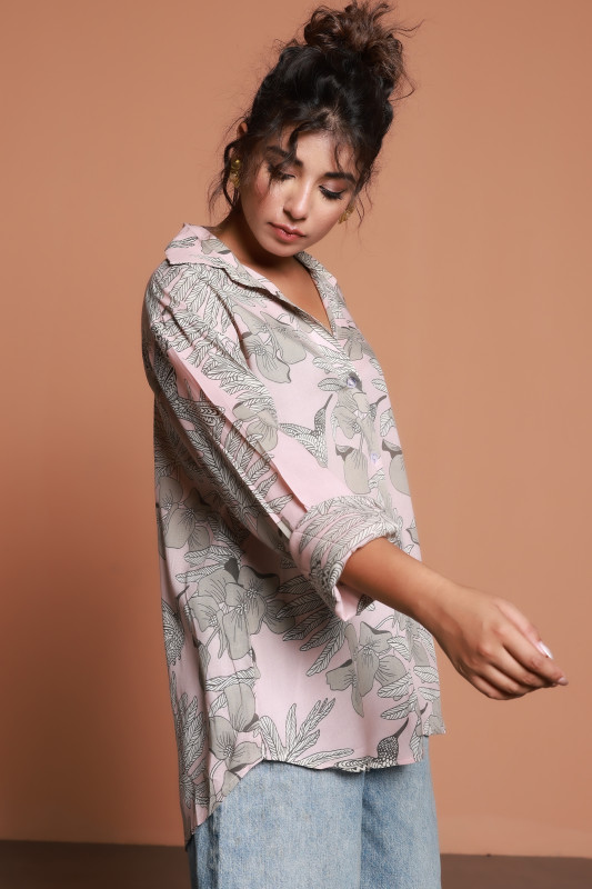 Blush Pink Tropical Print Oversized Shirt for Women