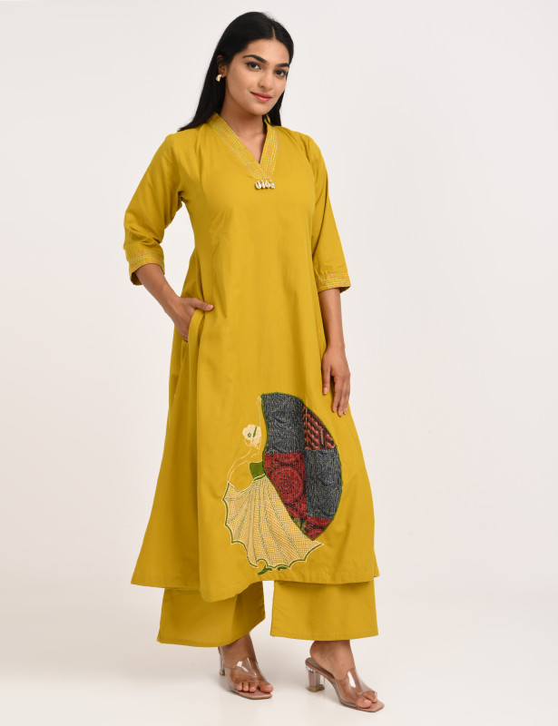 Mustard Yellow Embroidered Cotton Kurta Palazzo Set for Women