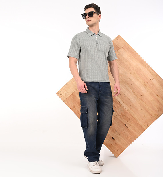 Sage Green Textured Zip Polo T-Shirt for Men
