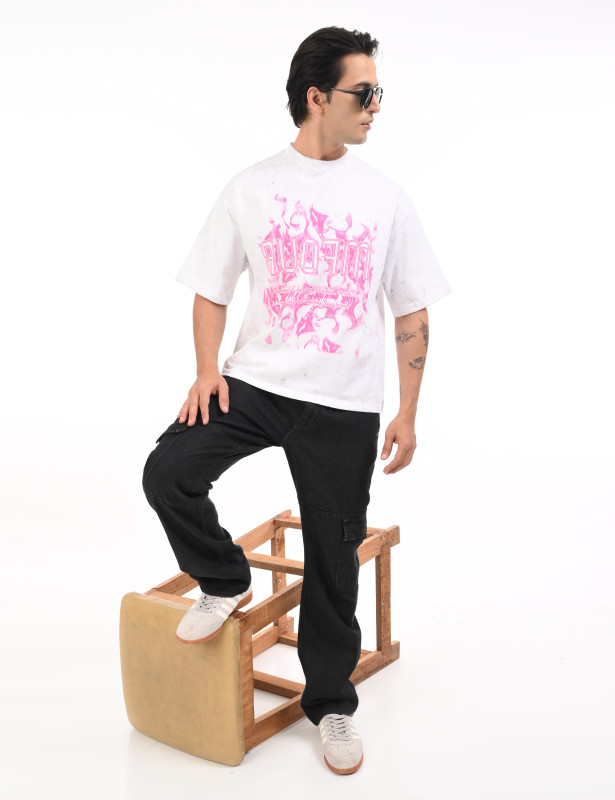 White Pink Flame Graphic Oversized T-Shirt for Men