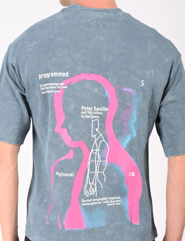 Men's Vintage Wash Graphic Oversized T-Shirt in Blue Grey Cotton