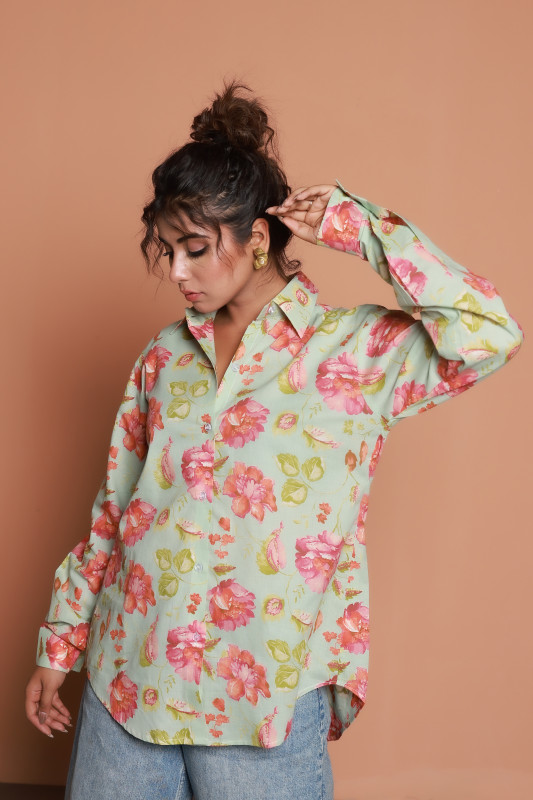 Mint Green Floral Print Oversized Shirt for Women
