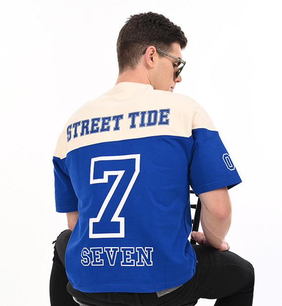 Blue Colour Block "Street Tide 7" Oversized T-Shirt for Men