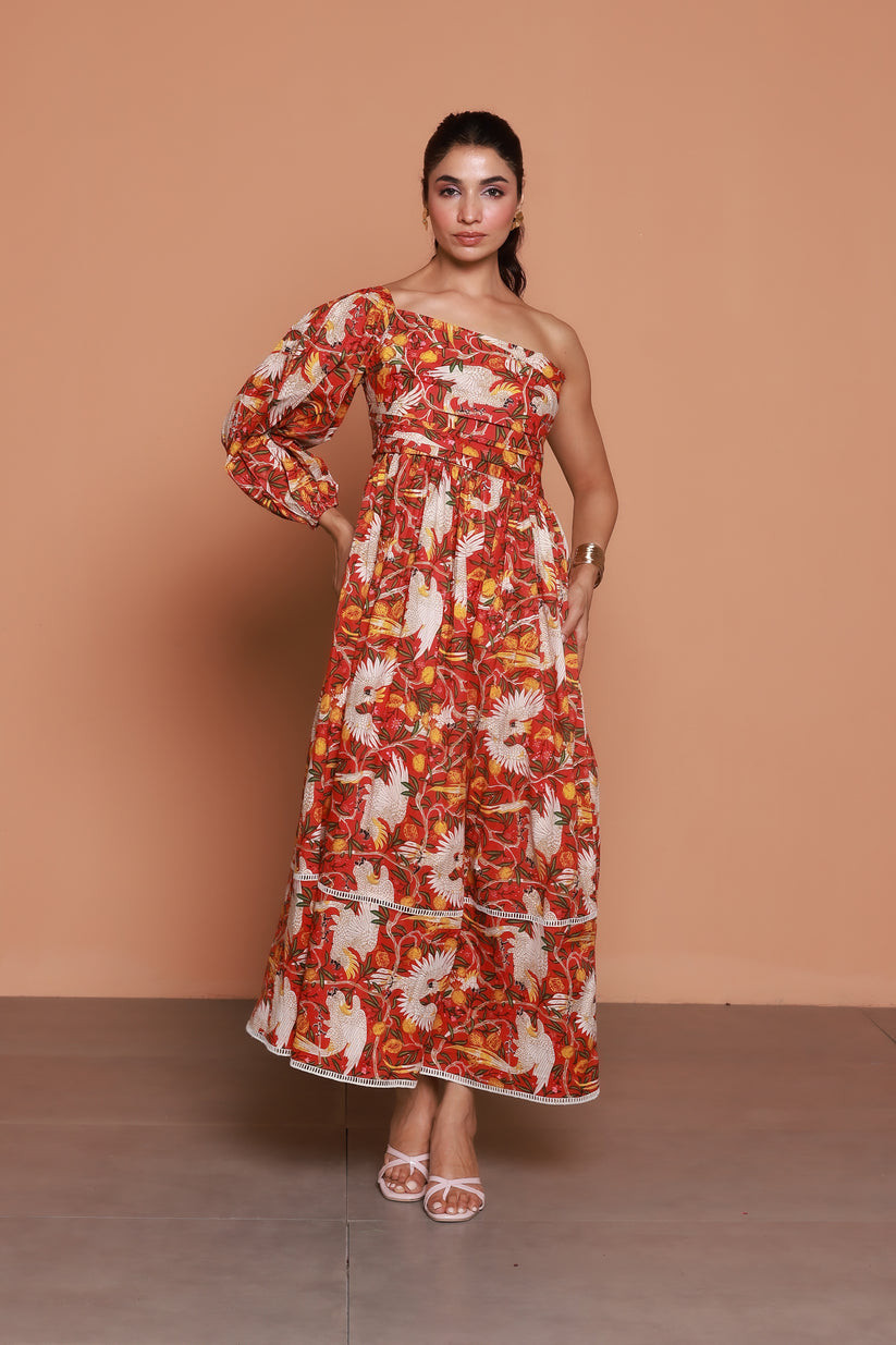Red One Shoulder Tropical Print Maxi Dress for Women