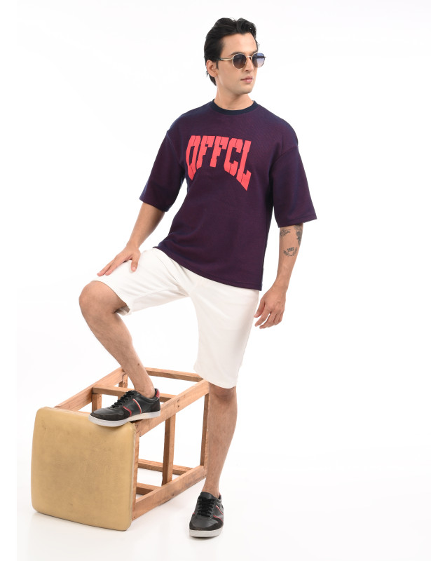 Navy Blue Textured Oversized Cotton Graphic T-Shirt for Men