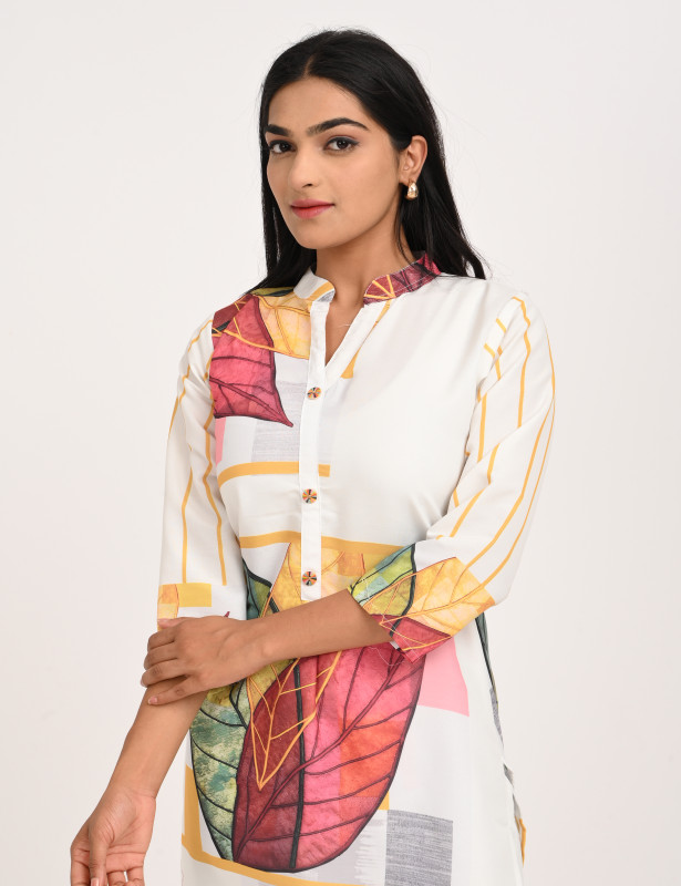White Abstract Leaf Printed Cotton Co-Ord Set for Women