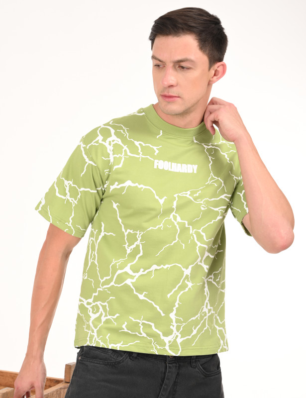 Lime Green Lightning Print Oversized Cotton T-Shirt for Men