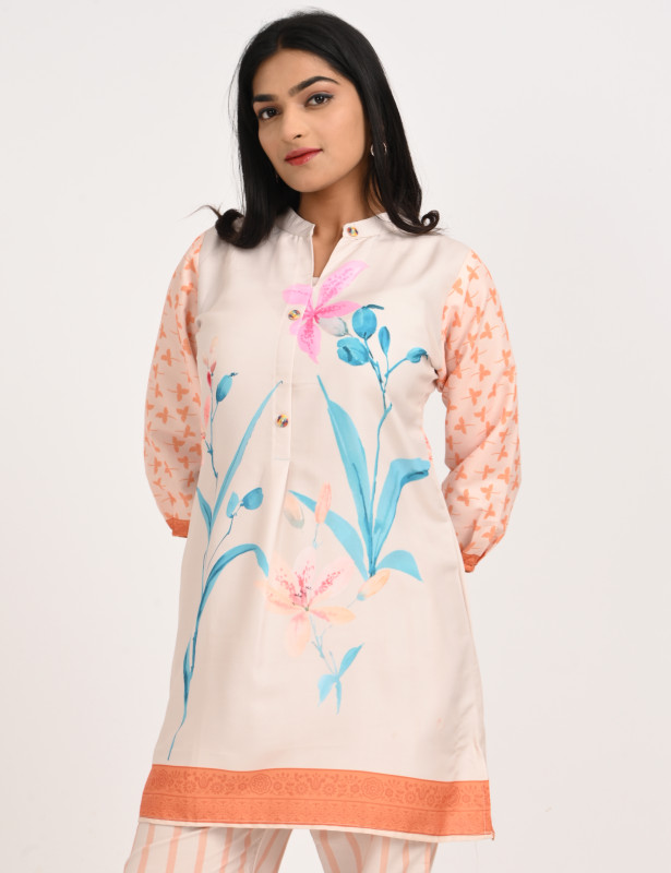 Peach Floral Printed Cotton Kurta Palazzo Set for Women