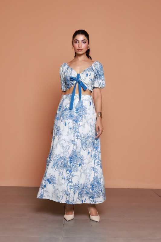 Blue and White Tropical Print Tie Front Co Ord Set for Women