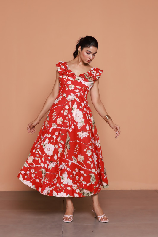 Red Floral Print Ruffle Neck Midi Dress for Women