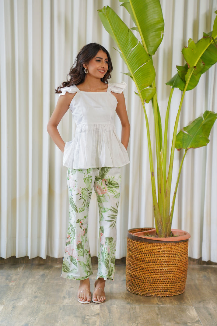 White Ruffle Peplum Top with Tropical Print Pants Co-Ord Set for Women
