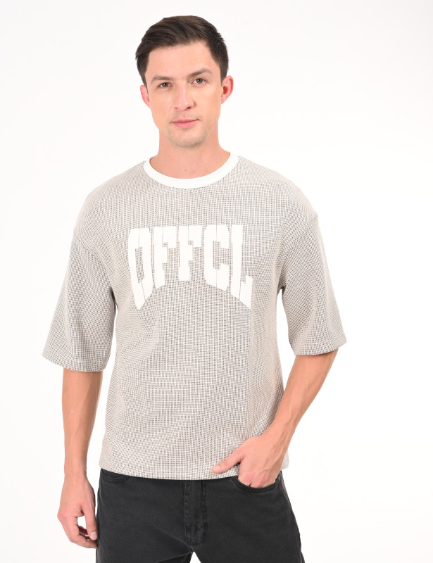 Beige Textured Cotton Oversized Graphic T-Shirt for Men