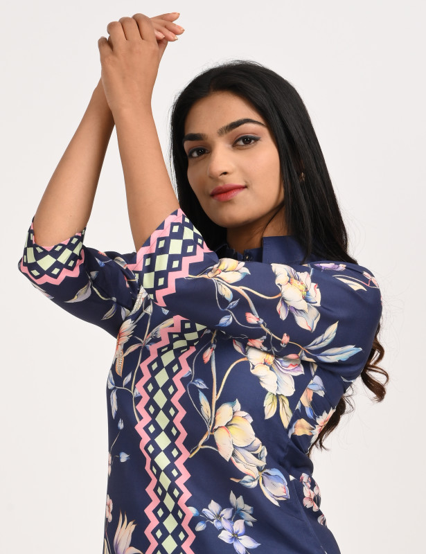 Navy Blue Floral Printed Cotton Kurta Palazzo Set for Women